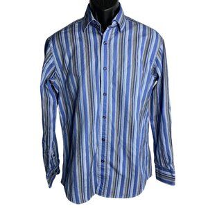 Tailor Byrd Button Up Shaped Fit Shirt M Blue Stripe Flip Cuffs Long Sleeves